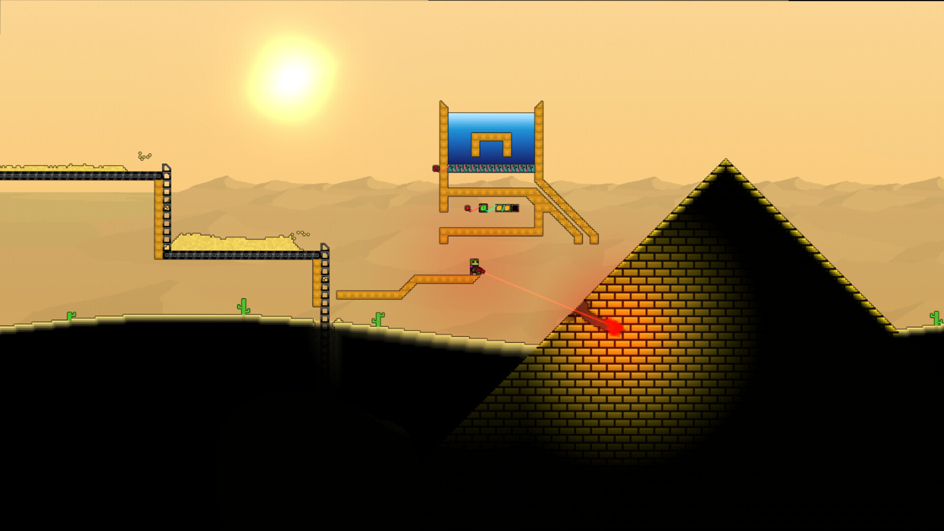 A Sandustry character exploring a desert area near a large structure